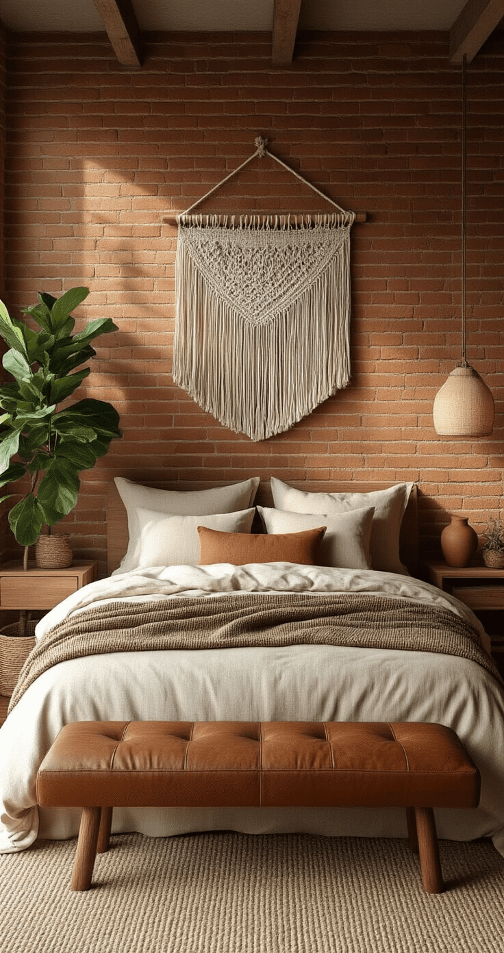 Rustic-modern bedroom featuring an exposed brick accent wall in warm terracotta, natural linen bedding in soft ecru, a handwoven wool blanket in muted olive, and textured cushions. The space includes oversized macramé wall art, wooden floating nightstands, and a ceramic table lamp. A large fiddle leaf fig adds greenery, while a vintage leather bench sits at the foot of the bed, all illuminated by soft morning light.