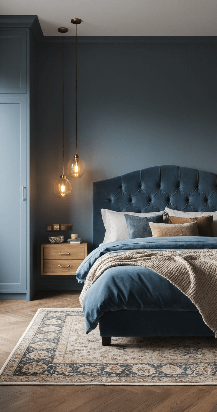 Moody small bedroom featuring a rich velvet upholstered headboard, floating nightstands with brass hardware, warm pendant lights, a textured wool throw, a mix of decorative pillows, a slim mirrored wardrobe, hardwood floors, and a Persian-style area rug. Shot from a corner to highlight the room's depth and intimacy.