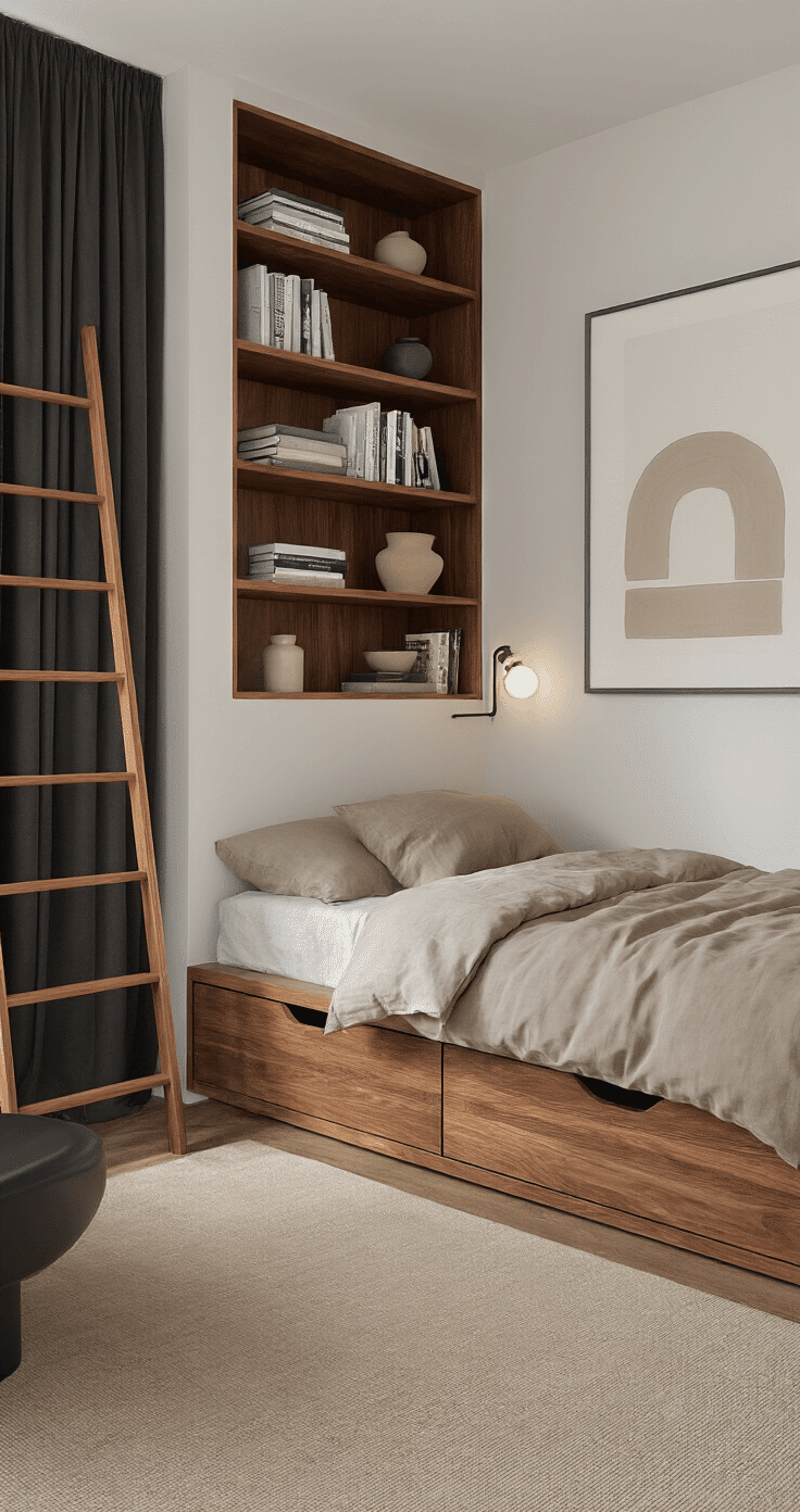 Compact bedroom with vertical storage solutions, wall-mounted walnut shelves displaying books and minimalist ceramics, a platform bed with storage drawers in warm taupe bedding, a leaning ladder shelf for accessories, a large art piece as a focal point, deep charcoal blackout curtains, and a softly lit table lamp, all beautifully illuminated by natural light.