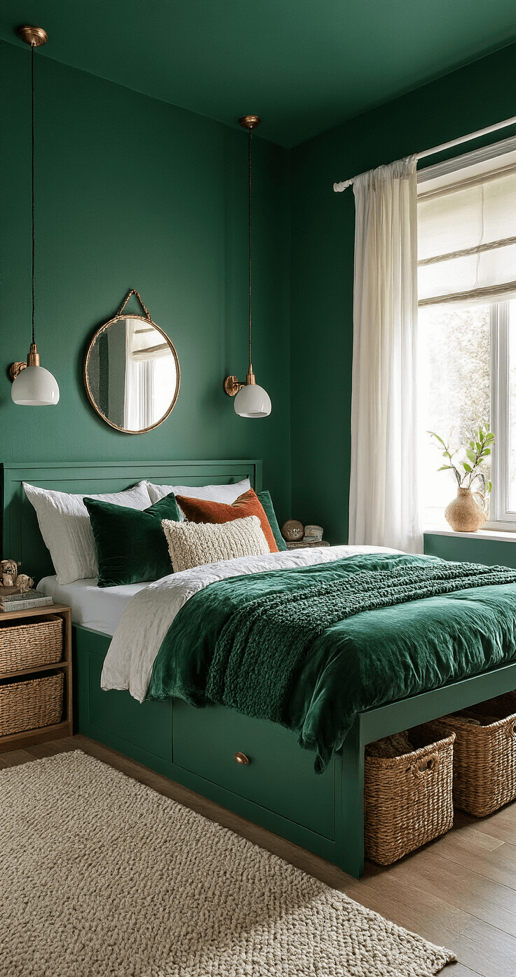 A cozy small bedroom featuring rich emerald walls and a platform bed with layered jewel-toned bedding, illuminated by ceiling-mounted reading lights and reflective vintage mirror, creating an intimate and luxurious atmosphere.