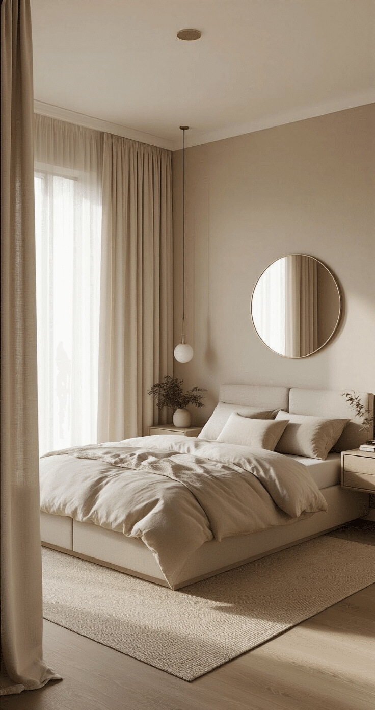 Compact bedroom featuring warm greige walls and ceiling, a slim mid-century modern bed with storage, floating minimalist nightstands with brass accents, large cream curtains, a round mirror reflecting light, and small potted plants, all illuminated by soft morning light.