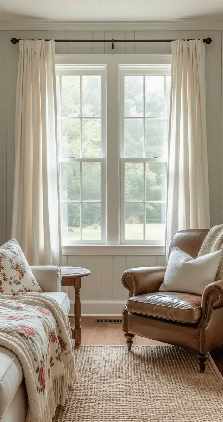 A cozy cottage living room with soft gray walls and white beadboard, featuring a large bay window draped in linen curtains, a vintage leather armchair, a weathered oak side table, and layered textures including a chunky knit throw and floral quilt, all illuminated by soft morning light.