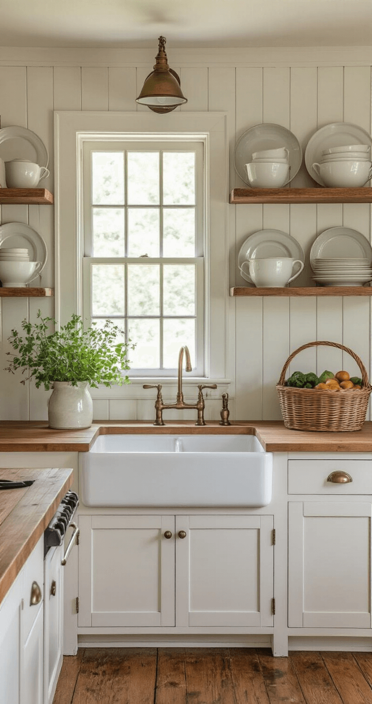 Rustic cottage kitchen featuring white shaker cabinets, open shelving with vintage ironstone, deep farmhouse sink with antique brass faucet, butcher block countertops, and morning light streaming through a mullioned window.