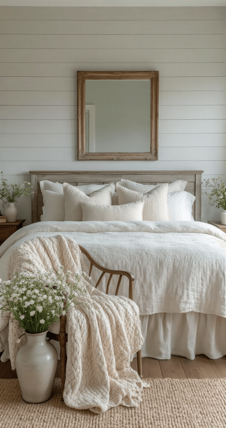 Cozy cottage bedroom featuring pale gray walls, a weathered wooden bed frame with layered linen bedding in soft neutrals, a vintage chair with a chunky knit throw, an antique mirror, and fresh wildflowers, all illuminated by soft dawn light.