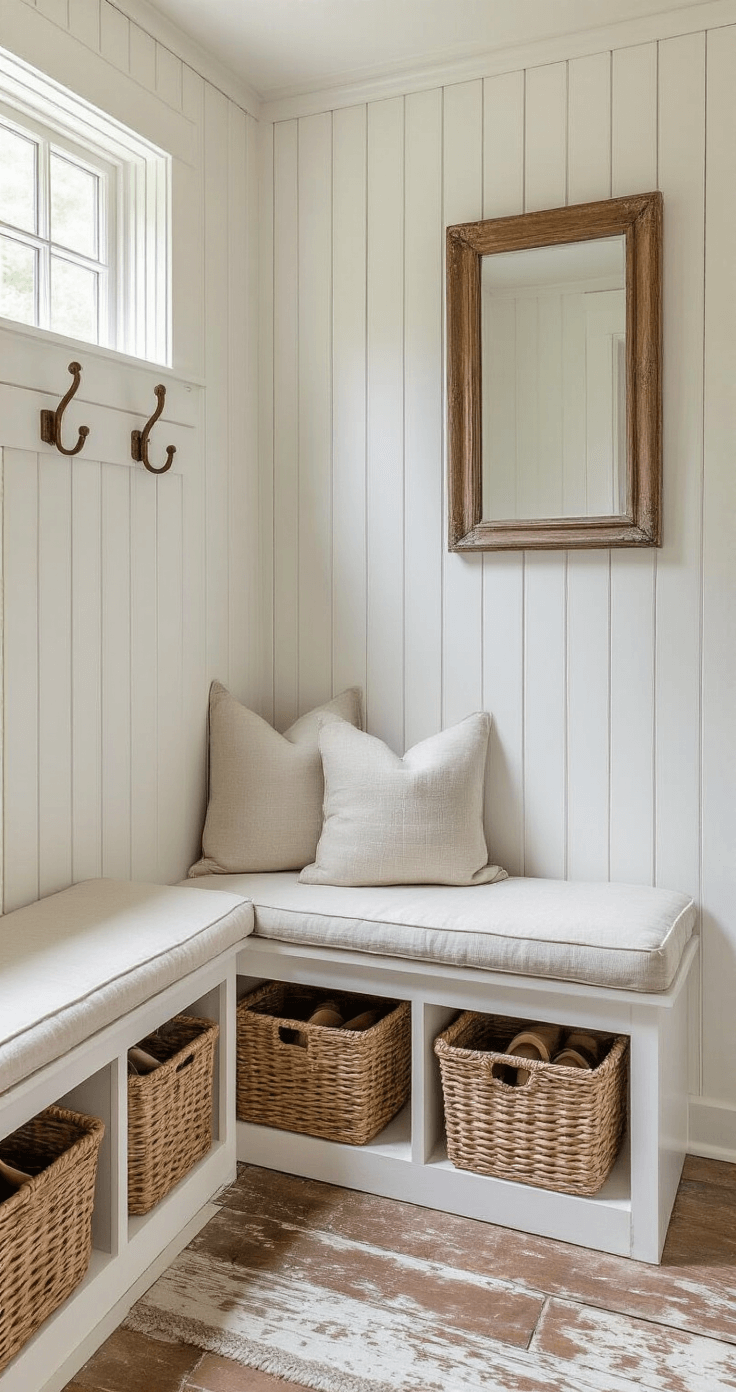 Cottage-style mudroom featuring white beadboard walls, a built-in bench with a linen cushion, vintage coat hooks, woven baskets for shoe storage, an antique mirror, and a vintage botanical print, all illuminated by natural light from a transom window.