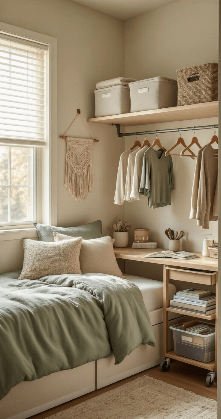 Ultra-realistic dorm room at golden hour with soft neutral tones, featuring a lofted bed, clear underbed storage, velvet hangers, and a rolling utility cart as a nightstand. Warm sunlight filters through a window, illuminating a neatly arranged desk with labeled cord management and minimalist decor, including textured linen bedding in muted sage and a macrame wall hanging.