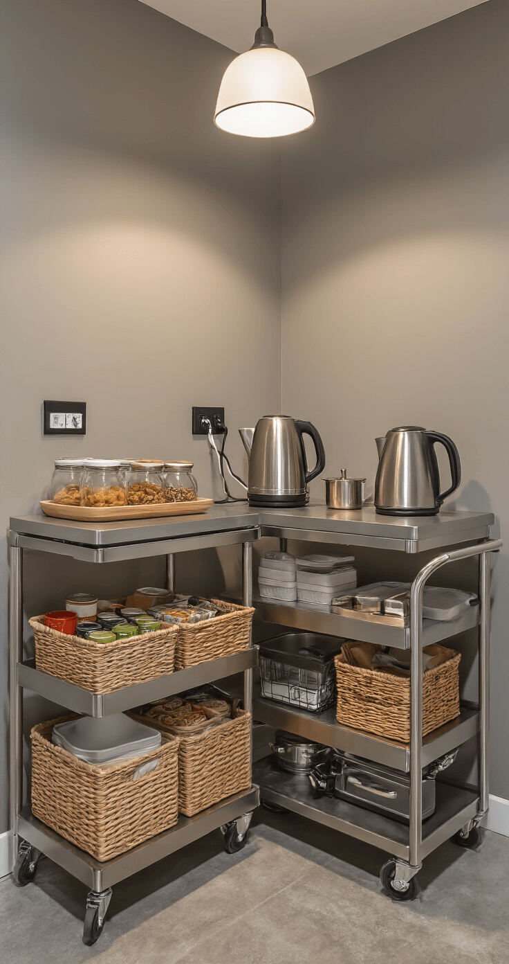 A compact dorm room corner with a three-tier kitchen rolling cart featuring an electric kettle and organized snack baskets, accented by soft ambient lighting. The space has muted warm gray walls and concrete-style floor tiles, with stainless steel details on the cart. An overhead pendant light casts dramatic shadows, highlighting a neatly arranged kitchen station with clear glass jars for tea and coffee, minimal cookware, and a power strip with labeled charging cords, all within an industrial-modern aesthetic.