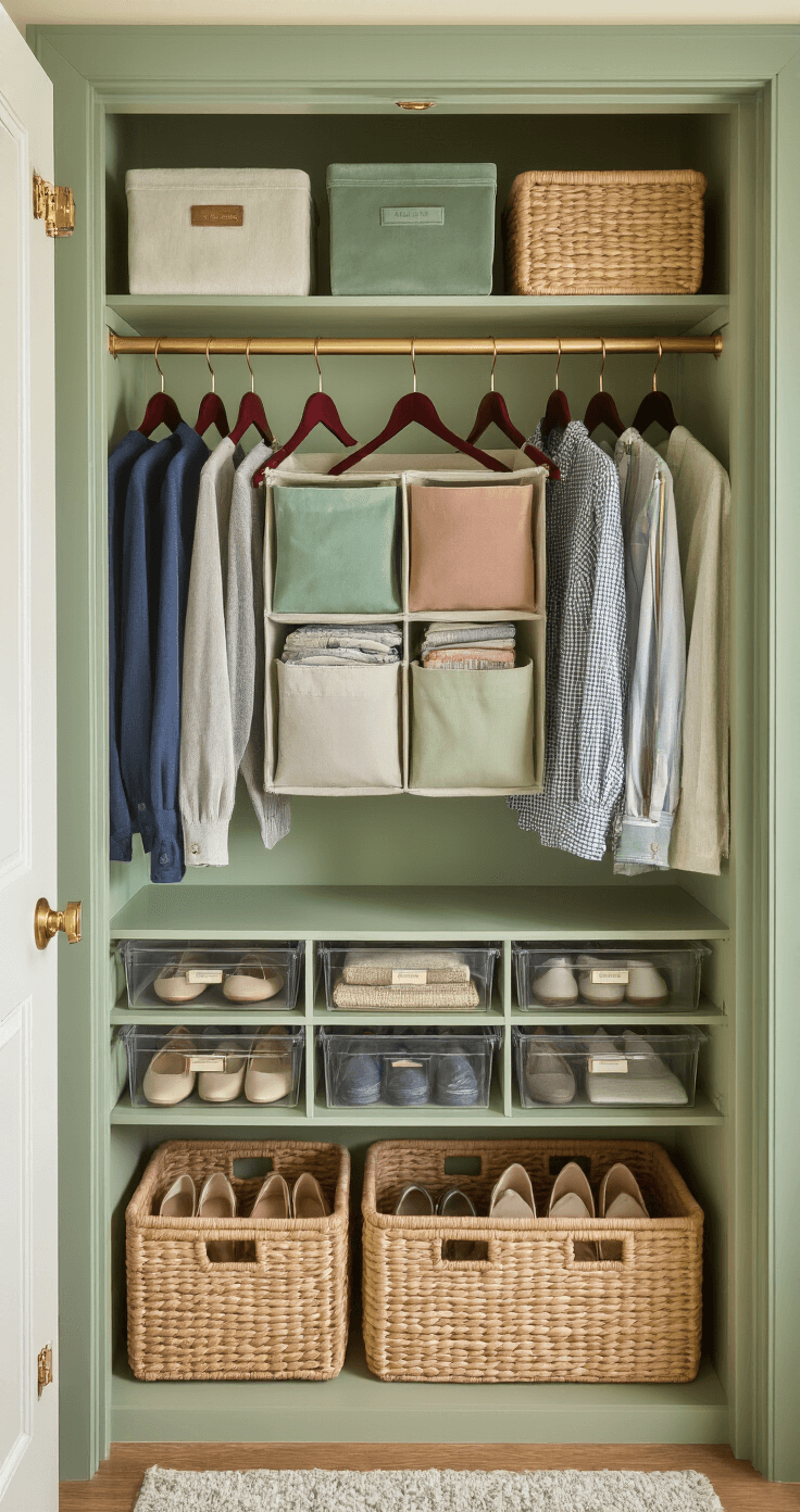 Intimate dorm closet scene showcasing organized storage with velvet hangers, color-coded fabric cubbies, woven baskets, and labeled containers, all bathed in soft morning light highlighting the sage green interior and natural wood accents.