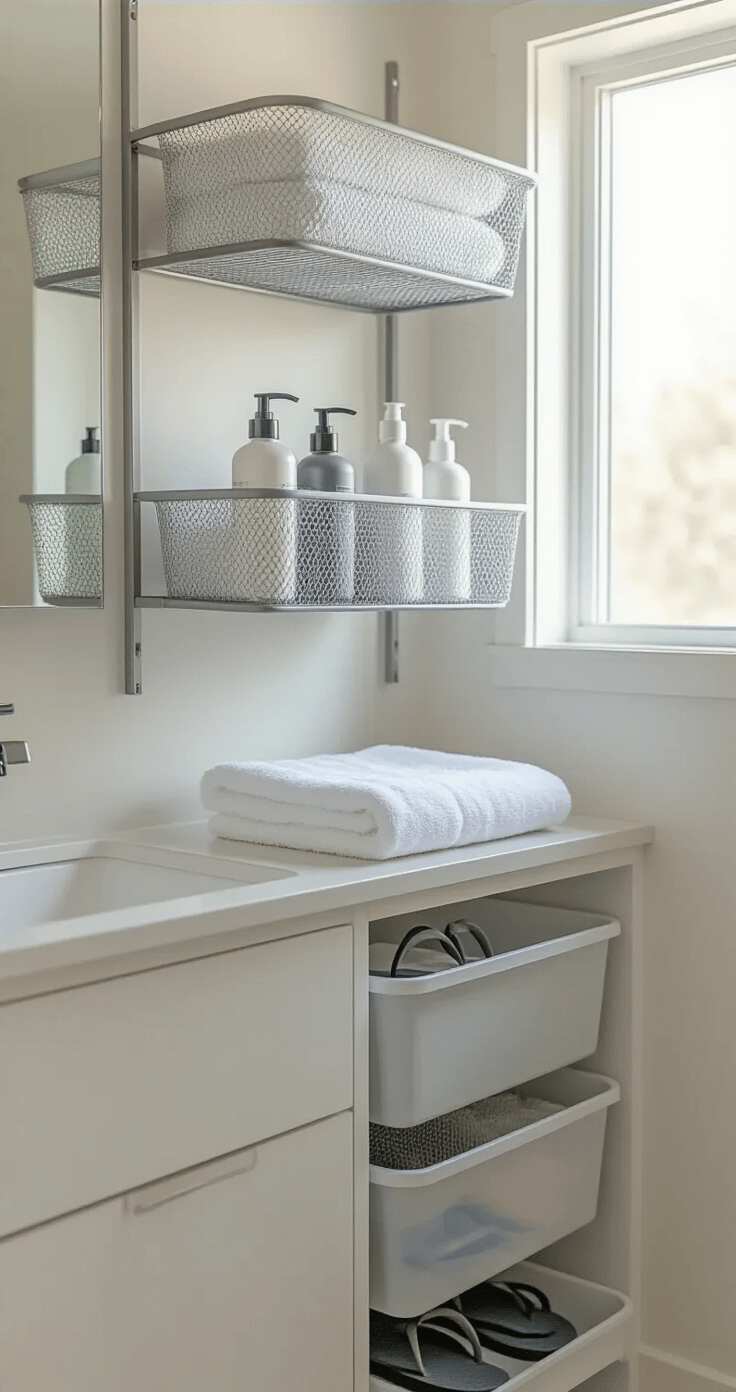A neatly organized modern dorm bathroom with a mesh shower caddy, travel-sized toiletry bottles arranged by height, a precisely folded microfiber towel, and symmetrically placed flip-flops, all set against a white minimalist background with soft natural lighting. Stacking storage bins under the sink are labeled and organized, captured from an overhead view highlighting clean lines and functional design.