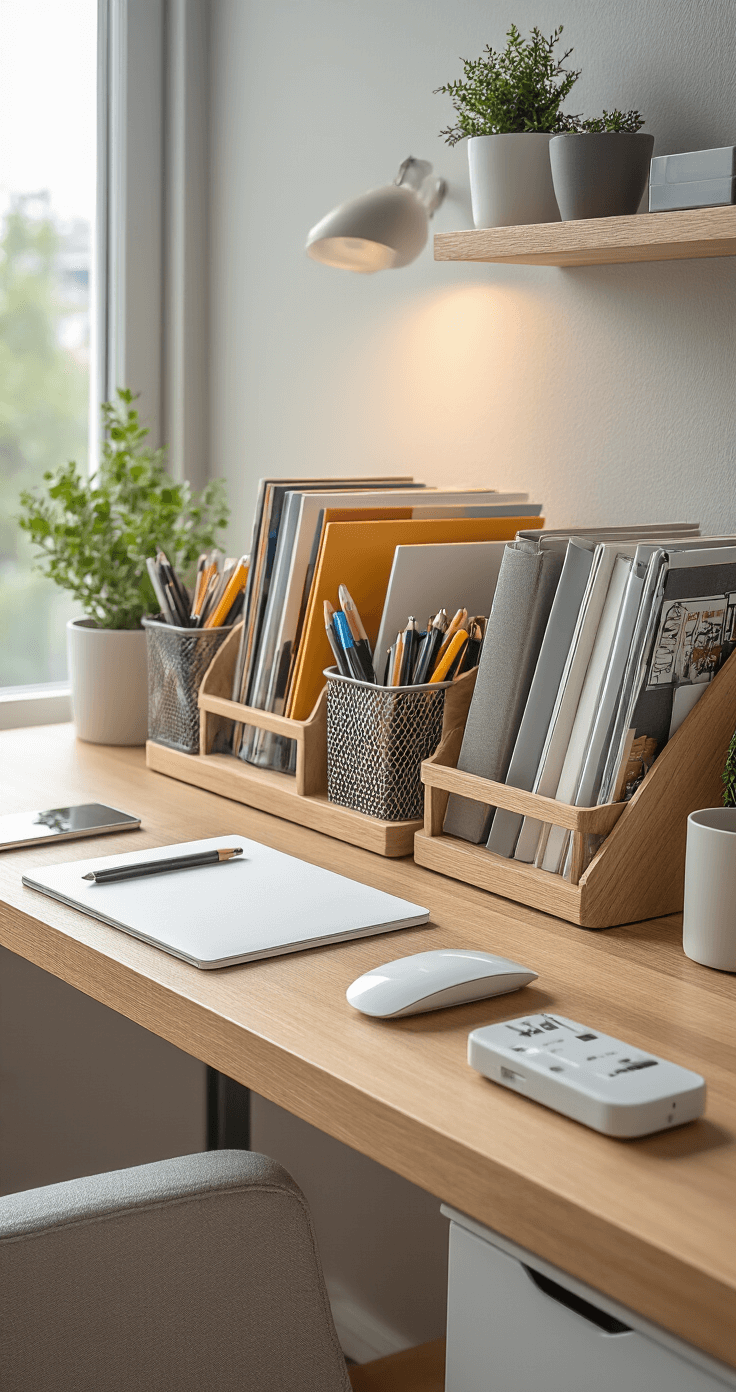 A neatly organized workspace featuring a wooden desk with arranged writing supplies, vertical magazine holders, and effective cord management through binder clips. The ambient lighting casts a warm glow, complemented by a wireless charging station and a labeled power strip among minimalist desk accessories, all set against a soft gray background.