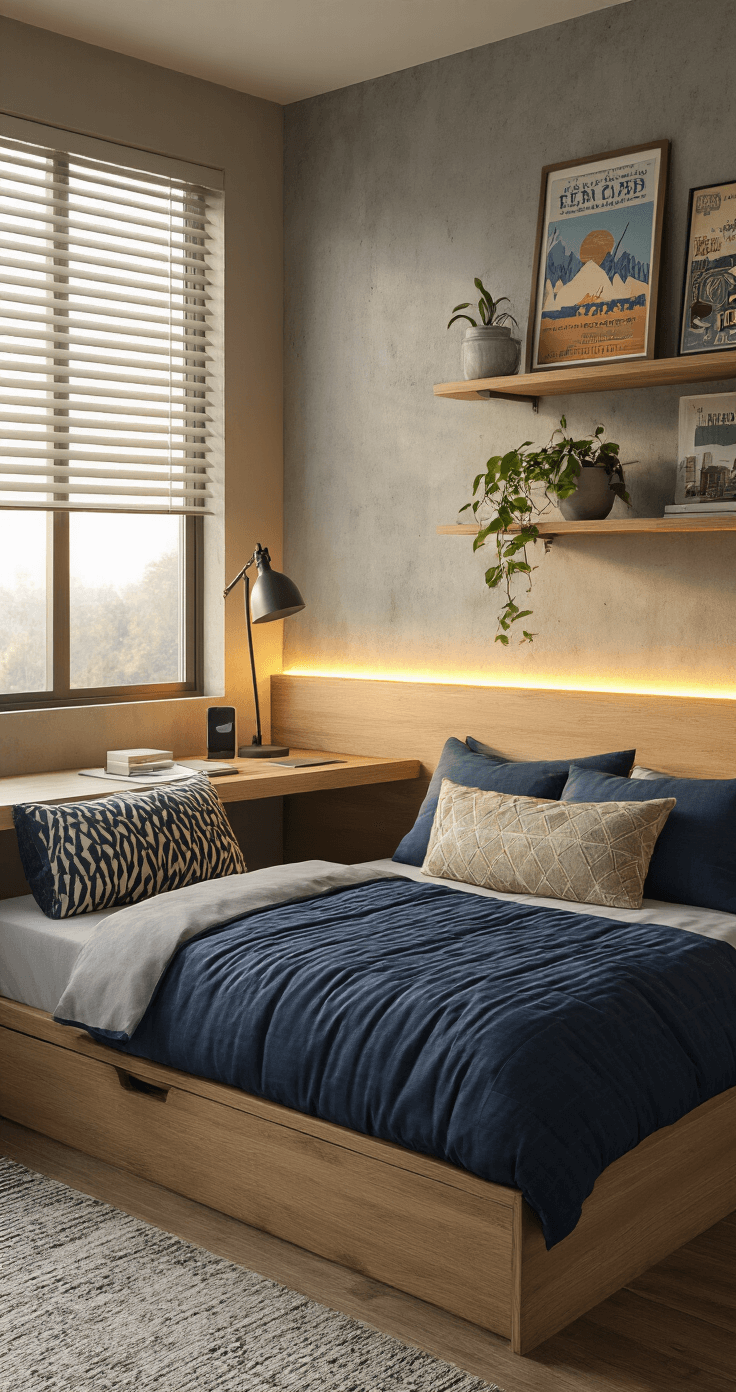 Ultra-realistic dorm room with modern minimalist decor, featuring a wooden bed with a navy blue duvet, geometric throw pillows, floating shelves with travel posters and a pothos plant, an industrial desk lamp, and warm LED lights against concrete walls, all bathed in golden hour light.
