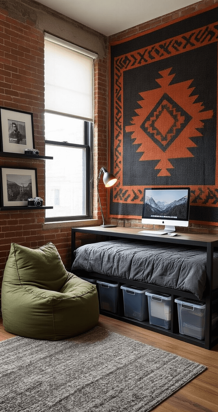 Contemporary male college dorm room featuring an industrial-chic aesthetic with a large geometric tapestry, a raised metal bed frame with storage, an olive green bean bag chair, and minimalist black shelves with vintage cameras. The room includes an adjustable desk with a sleek monitor setup, a warm desk lamp, and natural sunlight filtering through a window.