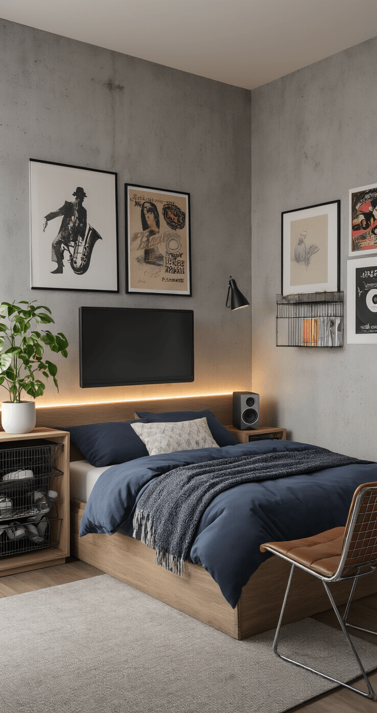 A modern dorm room featuring a matte black smart monitor on a concrete wall surrounded by art prints and vintage album covers, with a raised wooden bed platform adorned with charcoal and navy bedding, strategically placed throw blankets, and Bluetooth speakers; LED smart strip lighting adds an ambient glow, while a pothos plant in a minimalist planter and a wire mesh shoe organizer are present. A folding metal accent chair with a leather cushion completes the decor, all illuminated by soft afternoon natural light creating dramatic shadows.