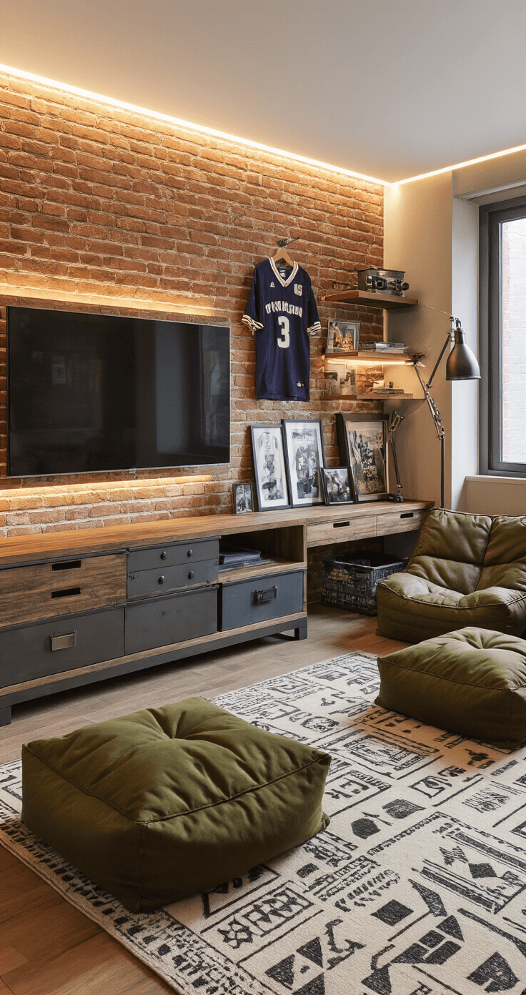 A stylish urban industrial dorm room featuring an exposed brick wall, a large flat screen TV, and a sleek wood and metal shelving unit. The space includes oversized olive green floor cushions, a vintage leather bean bag chair, and a geometric patterned area rug. Under-bed storage is neatly organized, while task lighting from an adjustable floor lamp and ambient LED strips provide soft illumination. Personal memorabilia like sports jerseys, framed photos, and travel posters adorn the walls, captured from a slightly elevated angle to showcase the room's design.