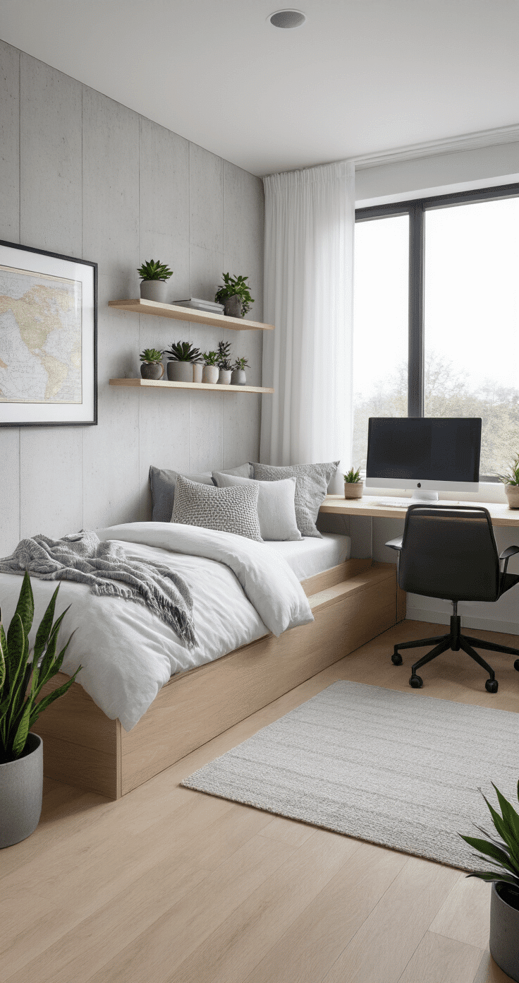 Minimalist Scandinavian-inspired male dorm room featuring light oak flooring, white concrete walls, an elevated bed platform with gray and white bedding, black metal desk with ergonomic chair and large monitor, floating wood shelves with succulents, and large floor-to-ceiling window with sheer curtains.