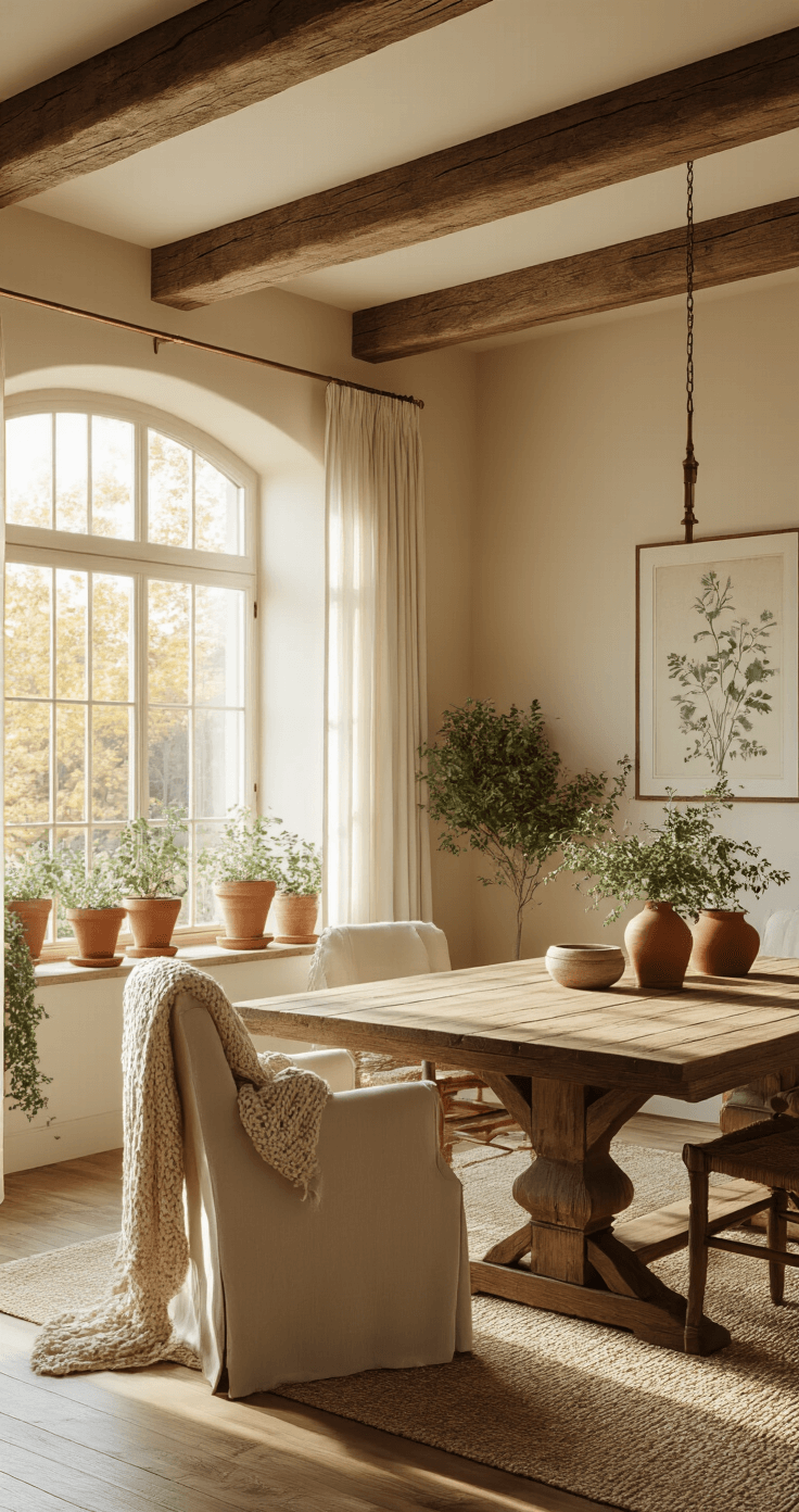 Ultra-photorealistic interior of a rustic living room bathed in golden hour light, featuring warm cream walls and a massive reclaimed wood beam ceiling, with an oversized aged oak dining table, a vintage botanical print armchair draped with a chunky knit throw, terracotta pots of trailing greenery by large windows, soft linen curtains pooling on hardwood floors, and diffused warm lighting creating gentle shadows.