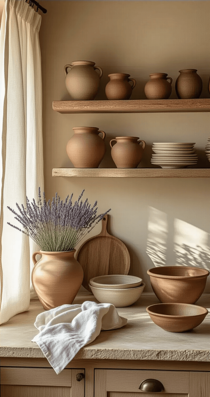 Intimate cottage kitchen with wooden shelving displaying stoneware crocks and dried lavender, warm taupe walls, large terracotta pots by a window, handmade ceramic bowls on a weathered island, soft morning light through linen curtains, brass accents, and a natural stone backsplash showcasing grain and imperfections.