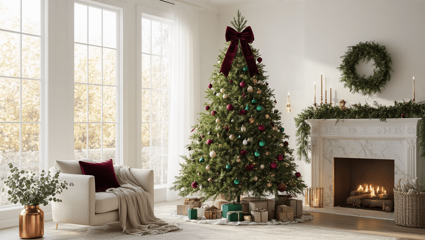 Ultra-detailed Christmas living room featuring elegant artificial tree with oversized burgundy bows, jewel-tone ornaments, and natural garland, illuminated by warm Edison bulbs in cinematic golden hour light, showcasing a blend of maximalist and minimalist decor styles.