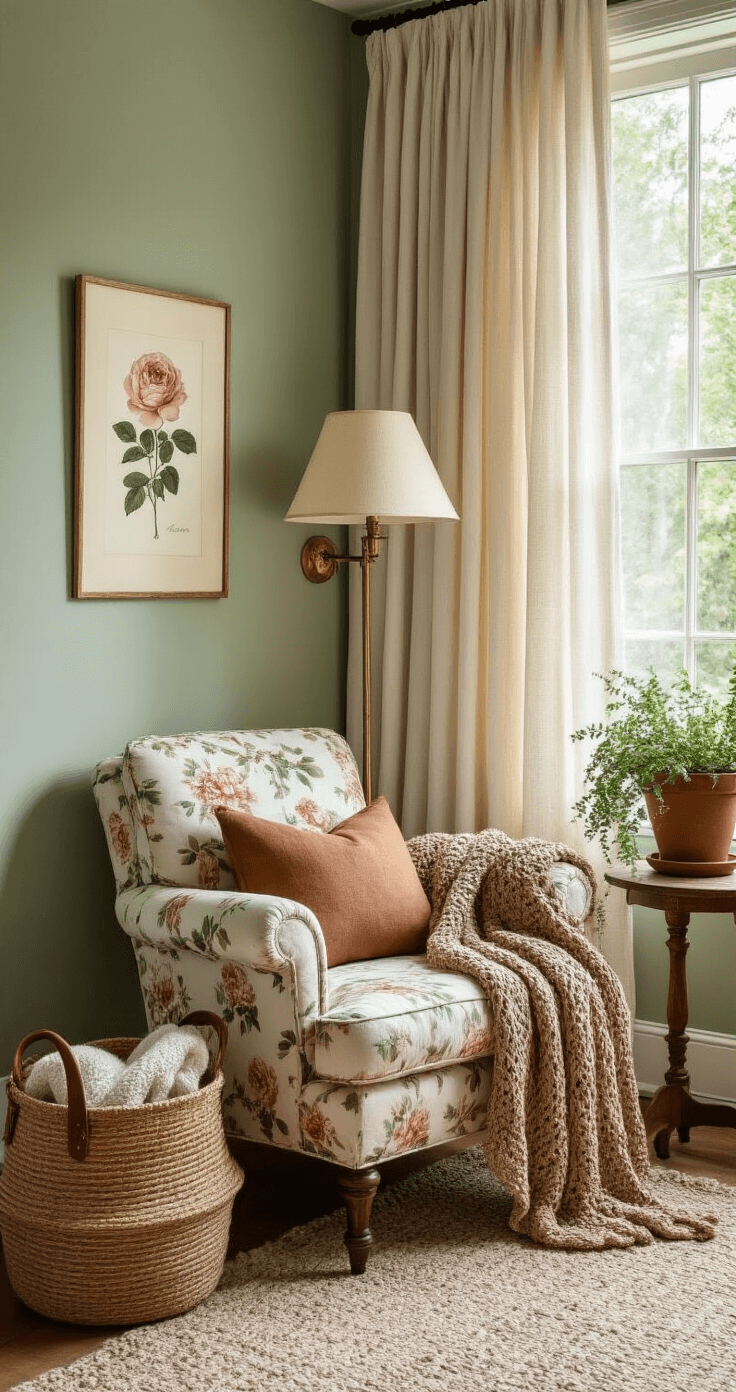 A cozy reading nook featuring soft sage green walls, a vintage rose botanical print armchair near a large window, and ceiling-height cream linen curtains. An earthy brown crocheted afghan is draped asymmetrically over the chair, alongside a seagrass basket with leather handles filled with additional throws. A large terracotta pot with a trailing plant casts shadows, while a brass table lamp with a cream shade provides warm ambient lighting, all complemented by a wooden side table that showcases its natural grain.