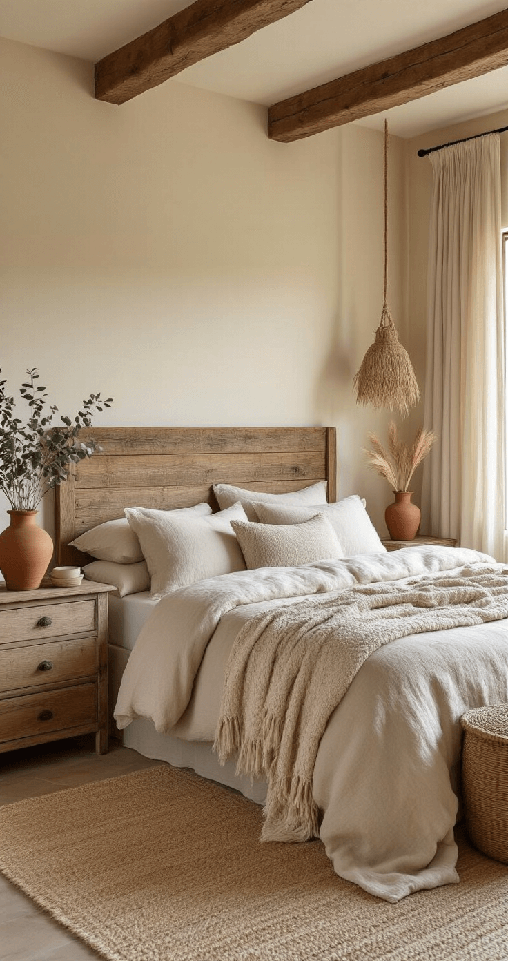A rustic bedroom featuring warm cream walls, a large reclaimed wood headboard, soft neutral linen bedding, layered chunky knit and vintage quilted throws, dried eucalyptus and wheat from a ceiling beam, terracotta pots on a distressed dresser, morning light through sheer curtains, a seagrass storage basket, and handmade ceramic decor.