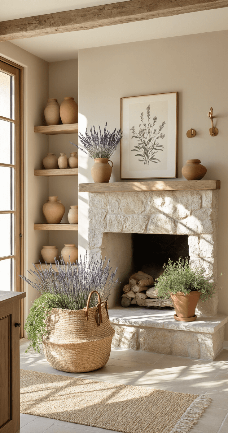 Intimate entryway featuring a stone fireplace, warm taupe walls, wooden shelving with ceramics and dried lavender, a large seagrass basket, vintage botanical artwork, a textured linen runner, brass coat hooks, and terracotta planters with trailing greenery, all illuminated by afternoon sunlight casting dramatic shadows.
