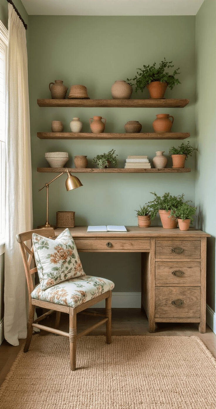 A sunlit home office featuring soft sage green walls, a large reclaimed wood desk paired with a vintage floral cushioned chair, and open shelving displaying stoneware and plants. Ceiling-height cream linen curtains frame the windows, while a brass desk lamp casts warm light on a handwoven jute rug. The room is adorned with terracotta plant pots showcasing various greenery, highlighting its textured layers and natural light dynamics.