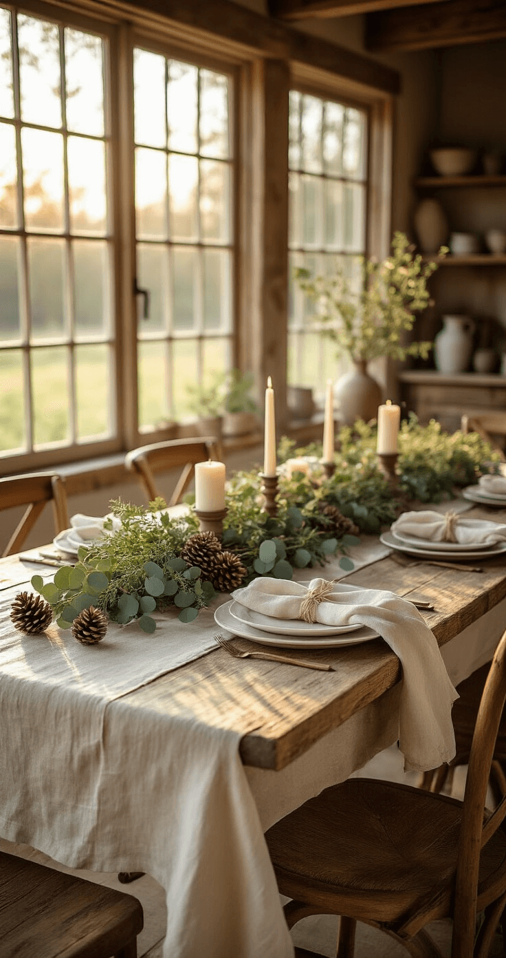 Ultra-realistic interior of a rustic farmhouse dining room featuring a long wooden table draped with a wrinkled cream linen tablecloth, bathed in golden hour sunlight. A lush eucalyptus and herb garland centerpiece is surrounded by scattered pinecones, river stones, and varied-height candleholders, while weathered wooden chairs complement white ceramic plates and linen napkins tied with twine. Overhead shot emphasizes depth and natural textures.