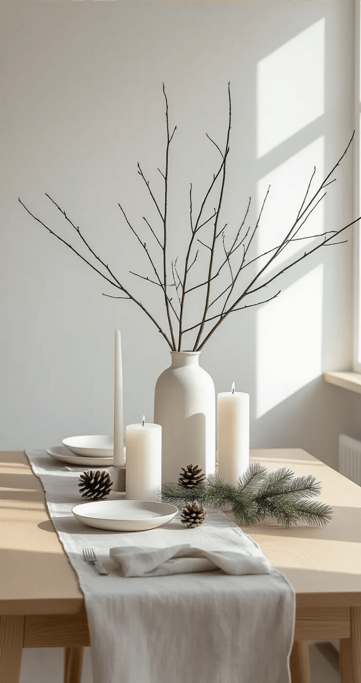 Intimate Scandinavian dining nook with a light oak table, minimalist decor, bare birch branches in a white vase, pillar candles, and seasonal accents, illuminated by soft morning sunlight.