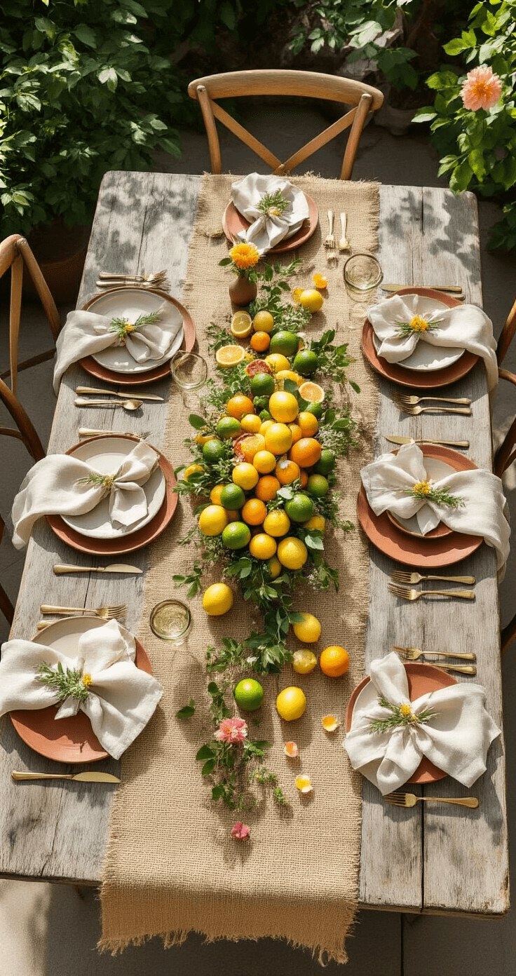 Bohemian outdoor tablescape featuring a weathered wooden farm table with a jute runner, citrus fruit centerpiece, terra cotta plates, linen napkins, brass cutlery, and scattered flower petals in dappled sunlight.