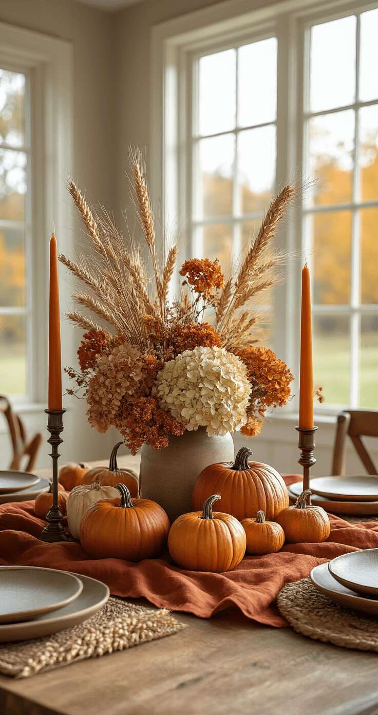 Autumnal dining room featuring a rich, textural tablescape with a deep rust-colored linen tablecloth, wooden table, and a centerpiece of miniature pumpkins, dried hydrangeas, wheat stalks, and seed pods. Amber and cream pillar candles at varying heights, copper accents, and earthy-toned ceramic plates are arranged under late afternoon golden light, casting dramatic shadows.