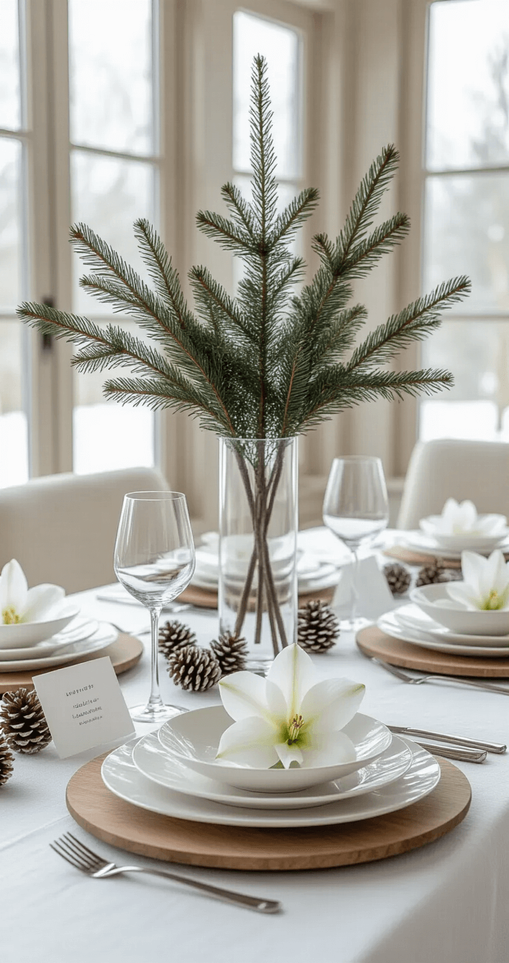 Elegant winter dining setting featuring a crisp white tablecloth, natural wood tones, white porcelain plates, and silver cutlery, accented with a sparse evergreen arrangement in a clear vase, scattered white pinecones, a single amaryllis bloom, and minimalist place cards, all illuminated by soft winter light from large windows.