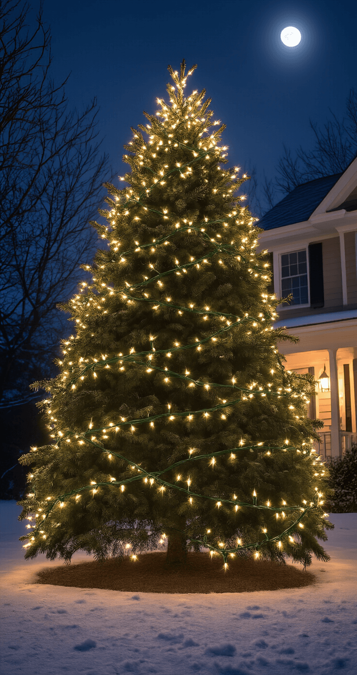 Photorealistic exterior nighttime scene of a suburban home featuring UL-rated LED string lights wrapped around a 40-foot spruce tree, softly illuminating the snow-dusted ground under a clear, moonlit sky.