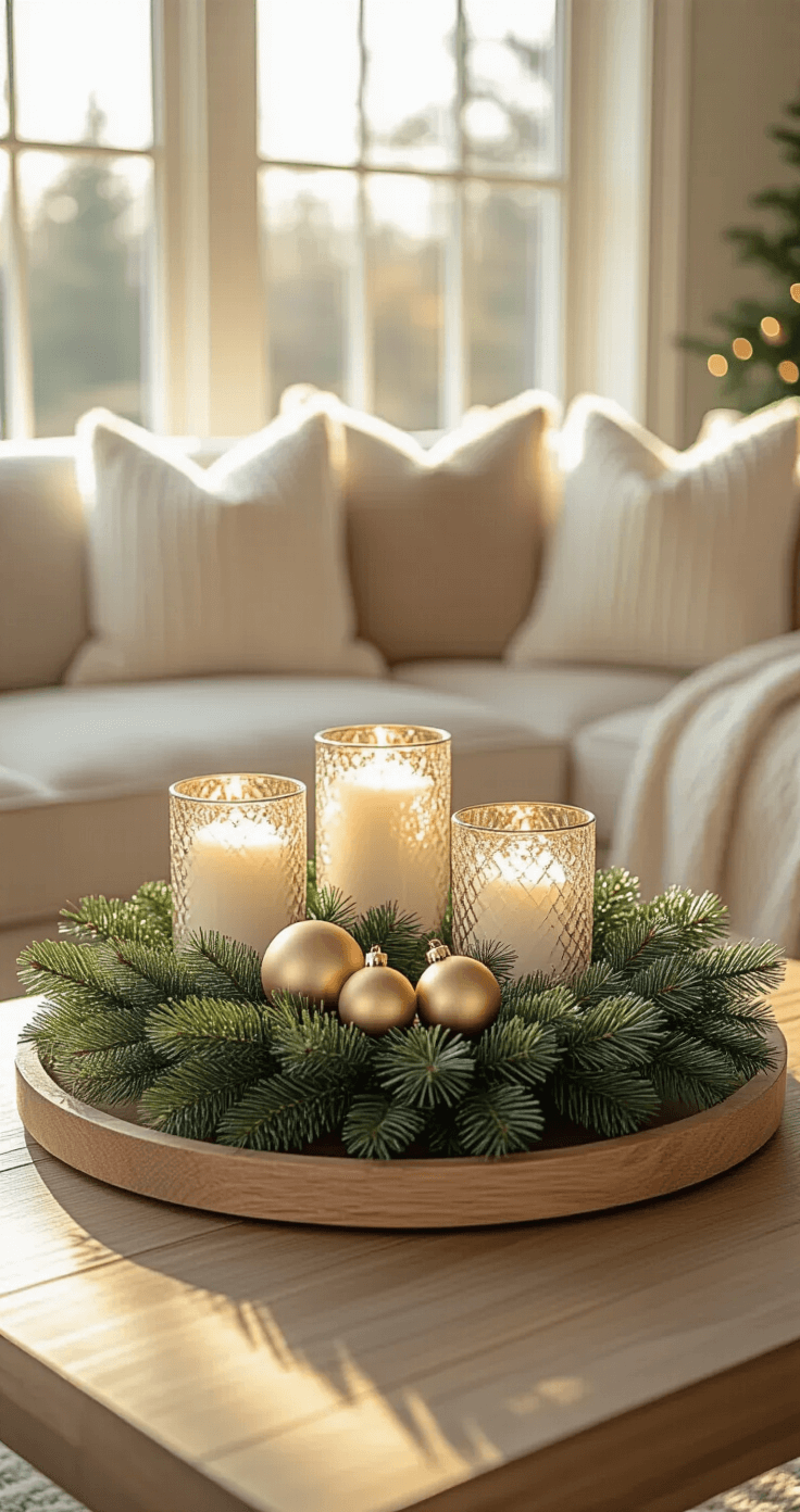 Luxurious Christmas-themed living room coffee table featuring a wooden tray with an evergreen wreath, mercury glass candle holders, matte gold ornaments nestled in pine branches, and eucalyptus stems, bathed in warm sunlight with a sophisticated festive mood.