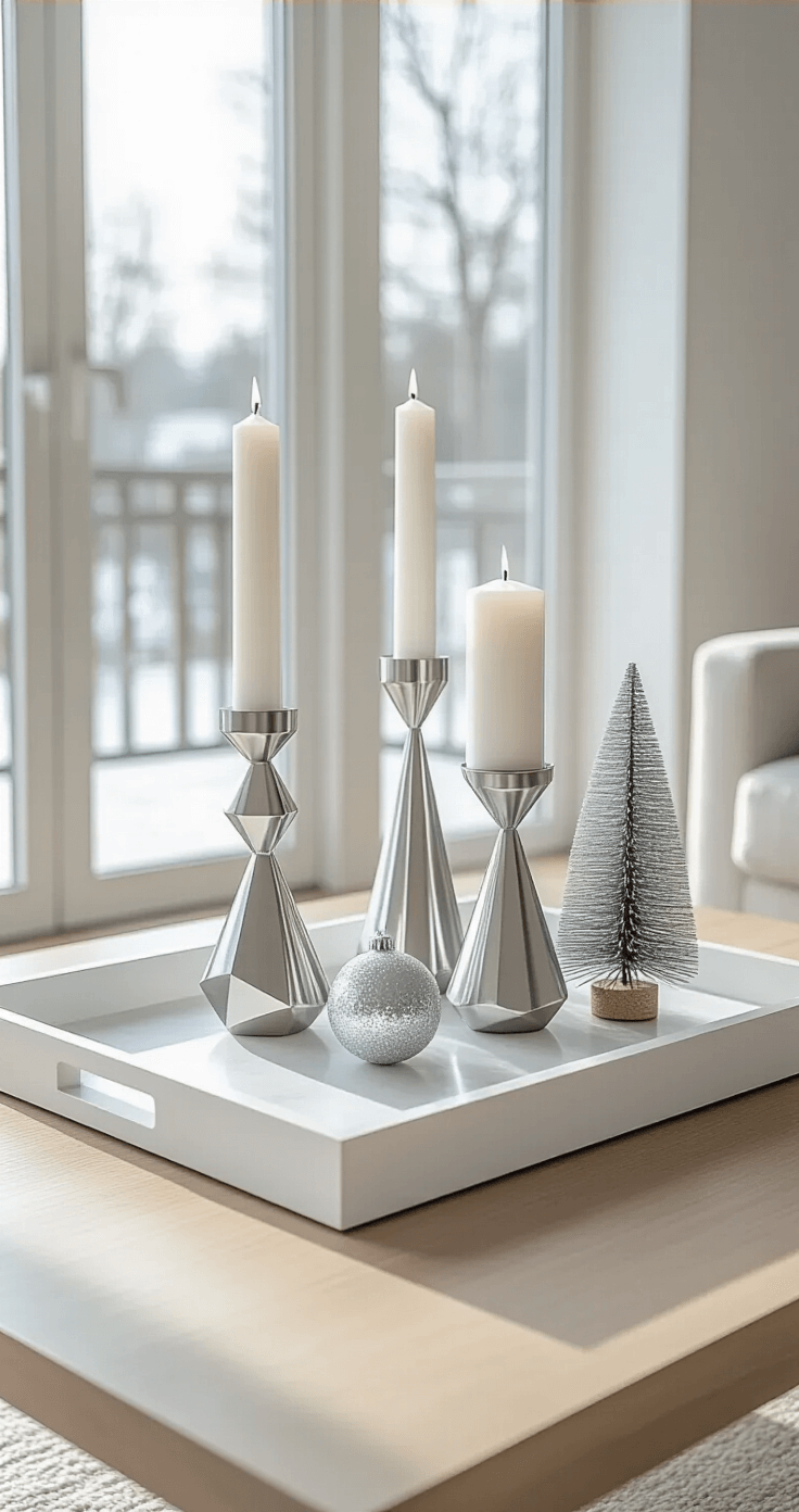 Modern minimalist Christmas coffee table arrangement featuring a white marble tray, geometric silver candlesticks, sparse white pillar candles, and clear glass ornaments on a light oak table, with soft daylight illuminating the space and emphasizing clean lines and negative space in a Scandinavian-inspired interior.