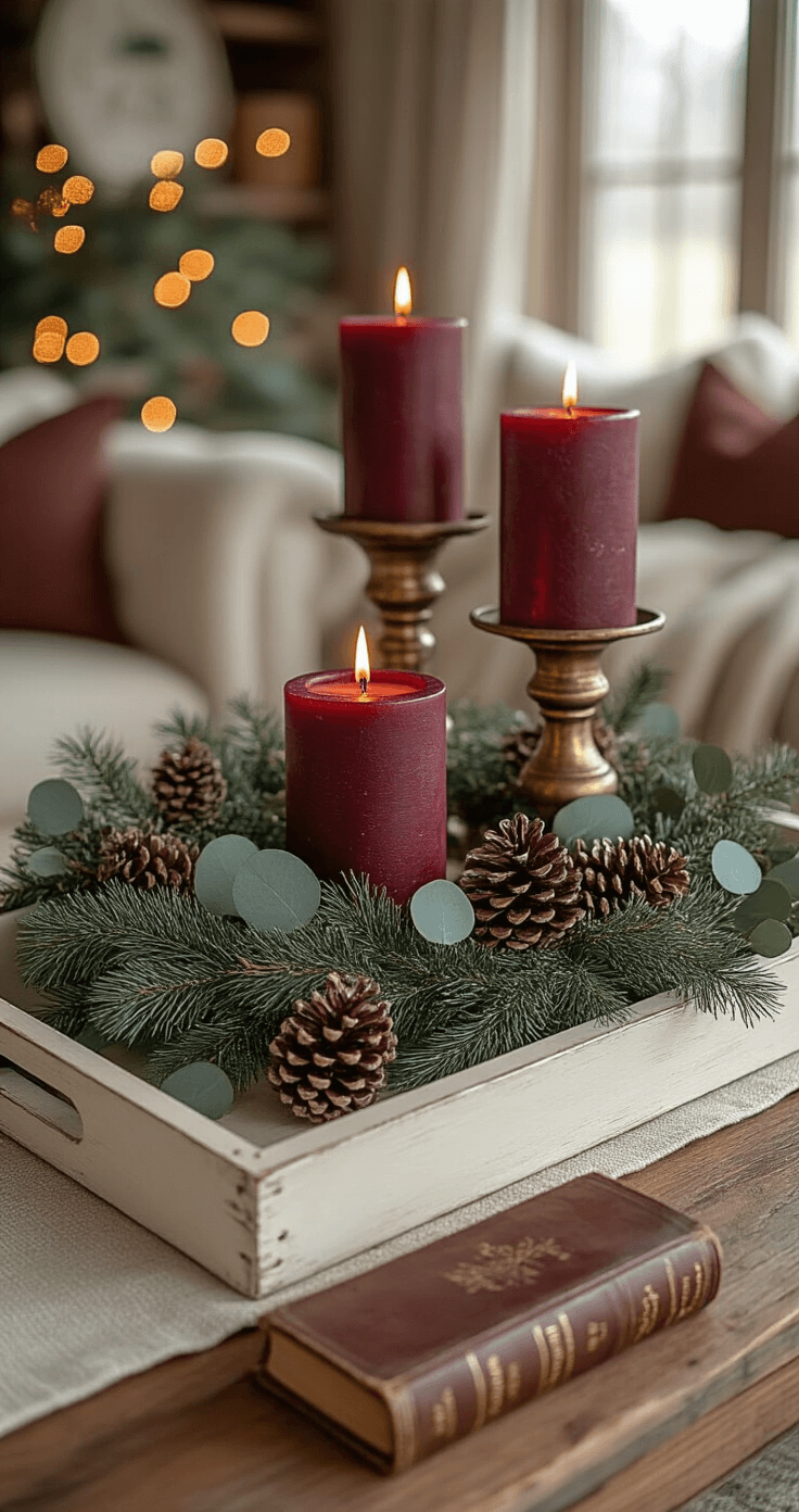 Rustic farmhouse Christmas coffee table adorned with a cream-colored wooden tray, natural pine wreath, burgundy pillar candles in brass holders, scattered matte white and gold pinecones, and dried eucalyptus. Vintage leather-bound holiday books and a textured linen table runner create a cozy atmosphere under warm tungsten lighting.