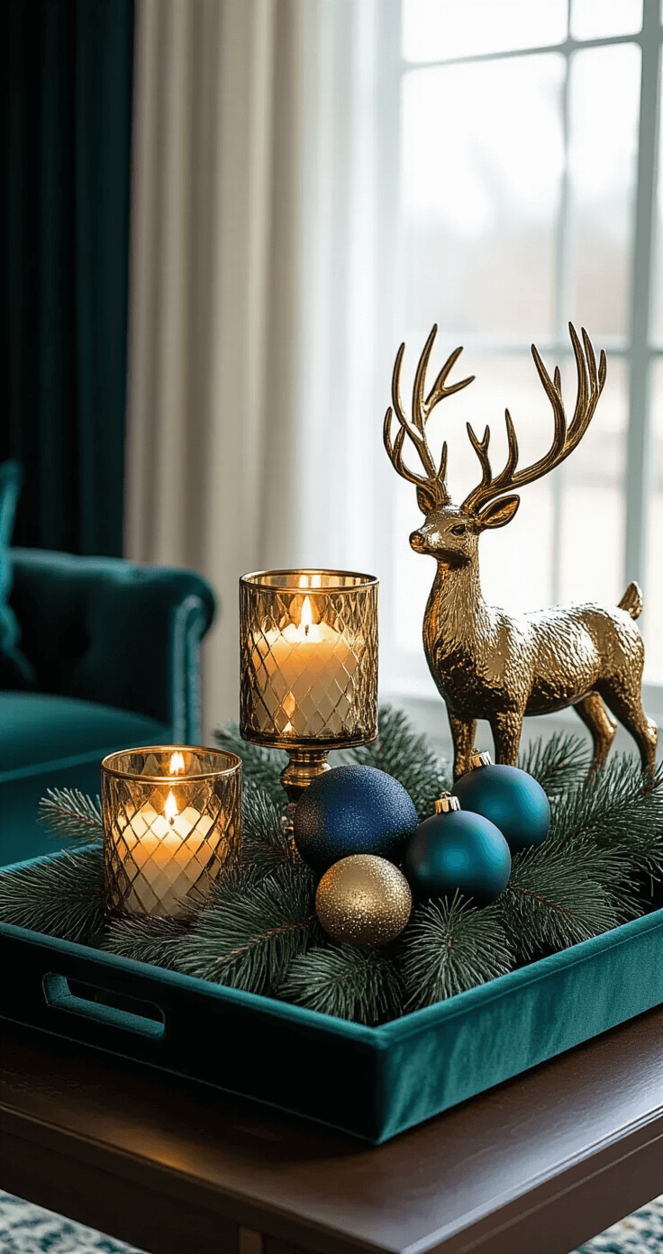 Glamorous Christmas coffee table arrangement with an emerald green velvet tray, gold-rimmed glass candleholders in varying heights, navy blue and emerald ornaments among metallic pine branches, and a crystal and brass reindeer figurine, all set in a rich evening ambiance with dramatic shadows, against a backdrop of dark wood floors and velvet furniture.