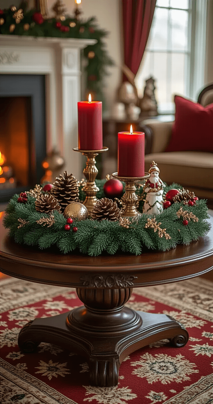 Traditional Christmas coffee table adorned with a forest green wreath, deep red candles in brass candlesticks, gold-painted pinecones, vintage glass ornaments, and porcelain figurines, all illuminated by the warm glow of a fireplace in an ornate living room.