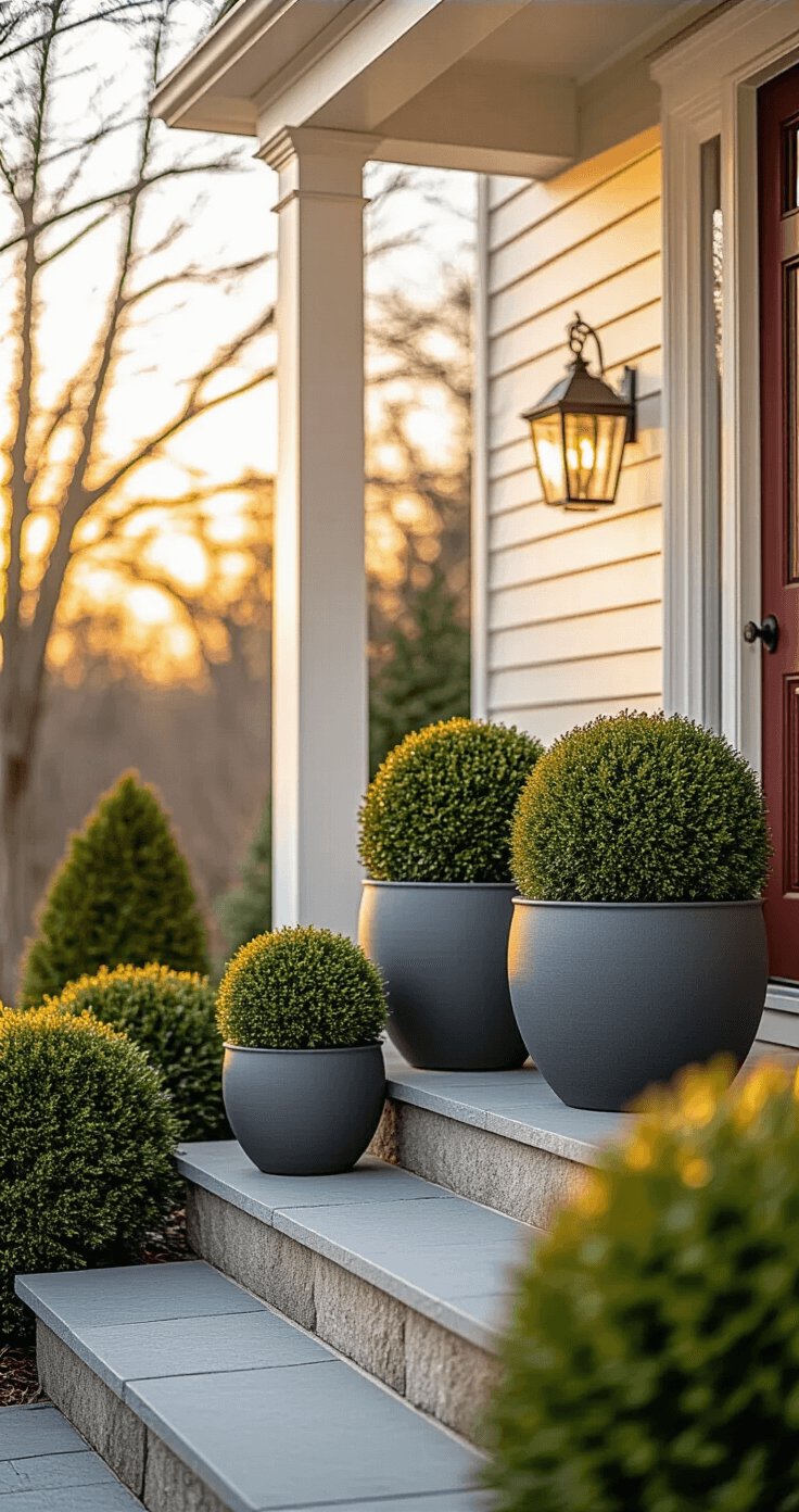 Elegant front porch winter container garden featuring charcoal gray ceramic planters with manicured boxwood spheres and emerald arborvitae, illuminated by warm amber light at golden hour, casting soft shadows on stone steps against a backdrop of cream-colored siding and a burgundy front door.