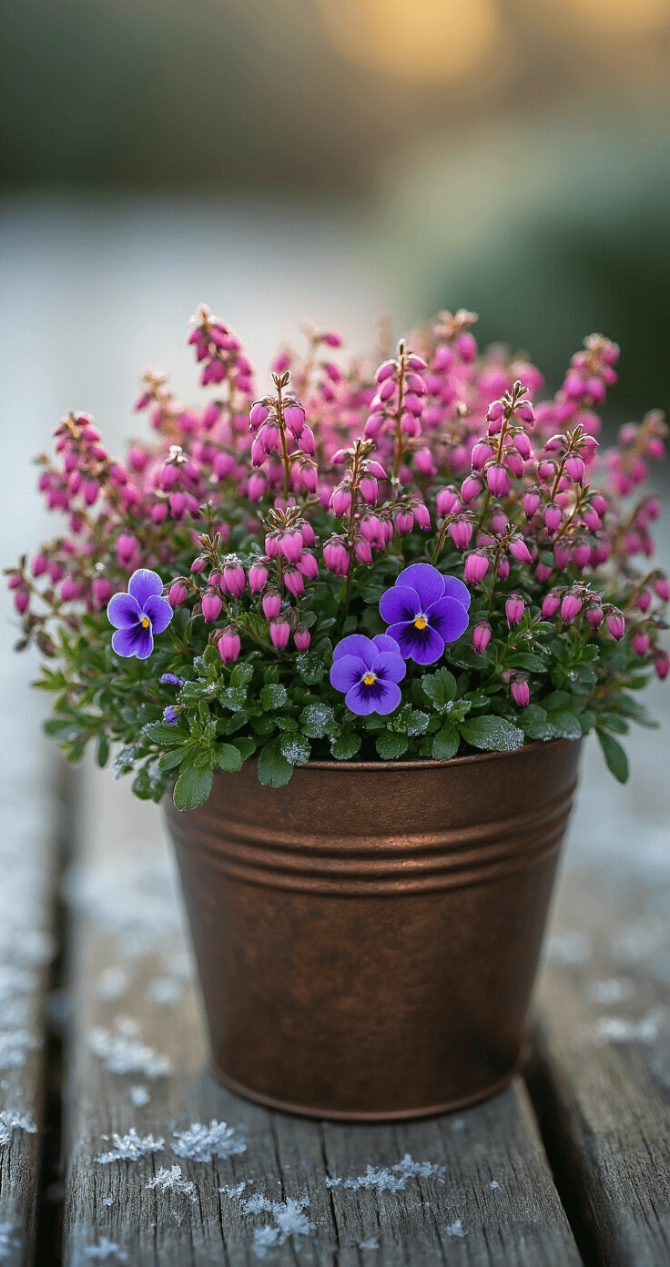 Close-up macro shot of pink winter heather and purple violas in a rustic bronze container, with morning frost sparkling on the blooms and natural diffused lighting highlighting their textures against deep green foliage, set on a weathered wooden deck with soft bokeh.
