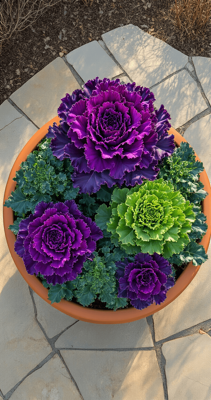 Overhead aerial view of large terracotta planters filled with ornamental kale, featuring dramatic purple and green ruffled leaves that form geometric patterns. Late afternoon lighting highlights the sculptural texture and color gradients against a bare winter landscape.