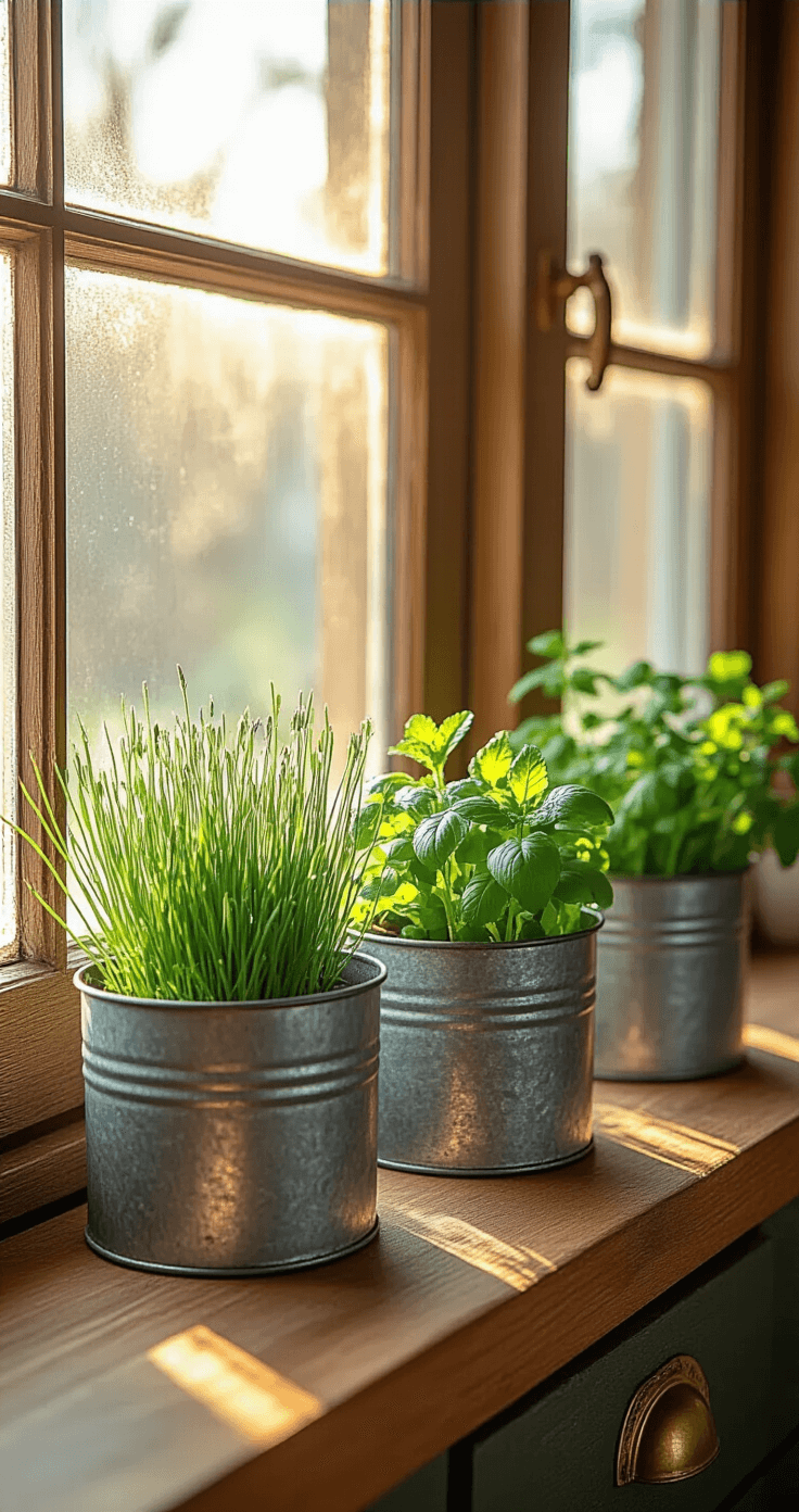 Eye-level view of a sunny kitchen windowsill garden featuring galvanized metal planters filled with fresh chives, mint, oregano, and parsley, illuminated by warm morning sunlight streaming through frosted glass, with a rustic wooden window frame and vintage brass hardware enhancing the cozy atmosphere.