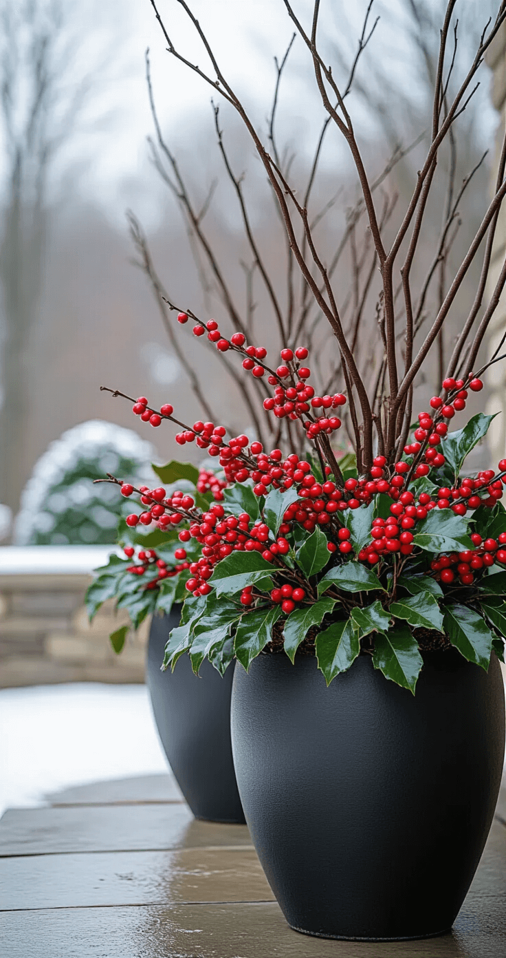 A dramatic low angle view of winterberry holly and curly willow in large black planters on a stone terrace, showcasing bright red berries against twisted branches and a snowy backdrop under an overcast sky.