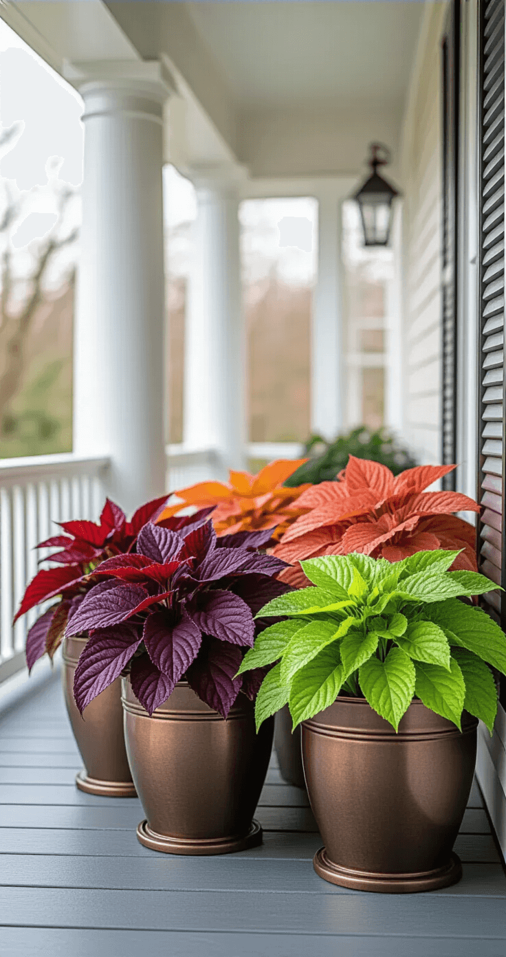 Medium shot of a colorful heuchera collection in bronze containers on a covered porch, featuring burgundy, coral, and lime green foliage illuminated by soft filtered light during blue hour, with dark wooden porch boards and a white column providing a neutral backdrop.