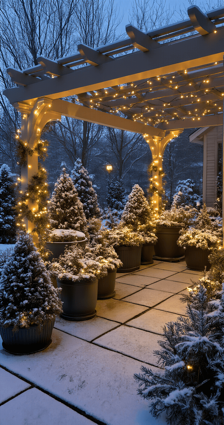 Wide shot of a winter container garden under a pergola, featuring protective covers on planters, twinkling warm LED lights, and a dusting of snow, creating a cozy outdoor sanctuary ambiance.