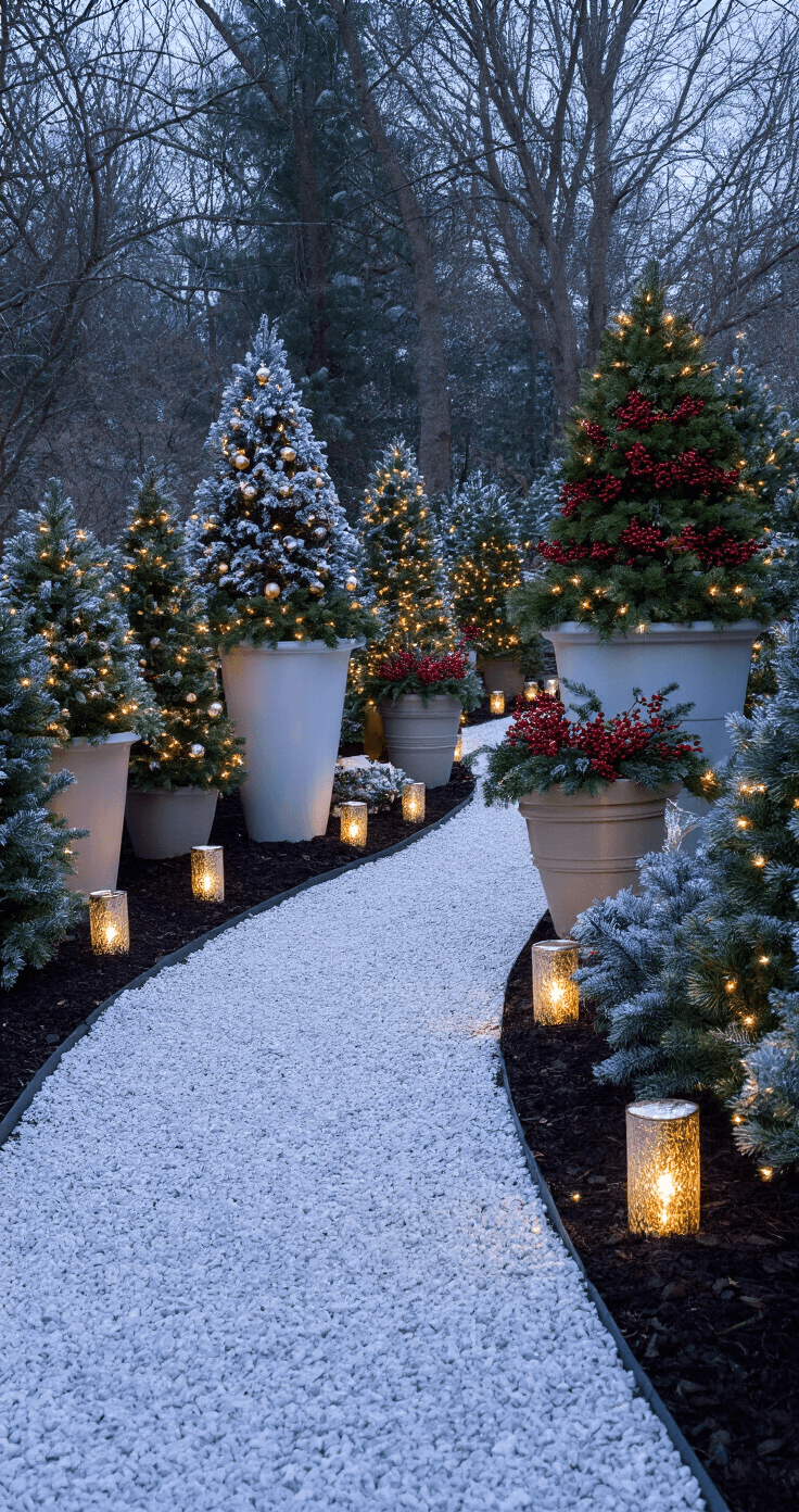 Curved garden pathway at twilight, lined with varied-height Christmas planters, mini trees, and berry arrangements, featuring white gravel and dark mulch, evergreen garlands, frosted glass solar lights, snow-dusted pine boughs, and metallic gold accents, creating a magical winter ambiance.