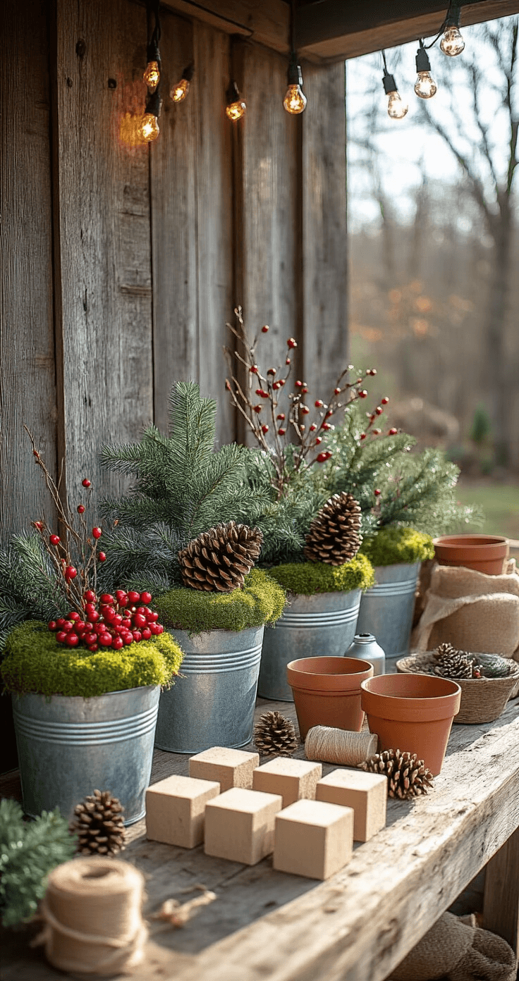 Outdoor patio corner showing a DIY Christmas planter construction in progress, featuring a rustic wooden work table with styrofoam blocks, artificial moss, and crafting materials scattered around, complemented by galvanized buckets of berry branches, vintage terra cotta pots, and string lights overhead, all set against a weathered barn wood backdrop in bright afternoon lighting.