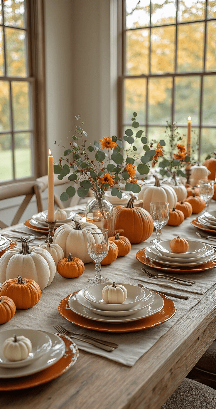 Ultra-detailed overhead shot of a Thanksgiving table featuring a neutral linen tablecloth, pumpkin-colored charger plates, elegant cream porcelain dinnerware, and a centerpiece of white and orange mini pumpkins with eucalyptus branches, all bathed in soft autumn light. Tea light candles create a warm glow on a wooden farmhouse table adorned in a fall color palette of burnt orange, deep burgundy, and soft cream.