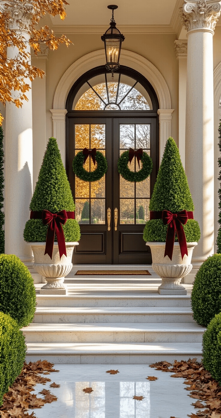 Grand entryway featuring oversized Christmas topiary trees in stone planters, decorated with burgundy velvet ribbons, and coordinating wreaths on double doors. The polished marble steps and classical architecture are illuminated by morning golden light, with scattered autumn leaves and professional landscape lighting adding to the elegant holiday styling.