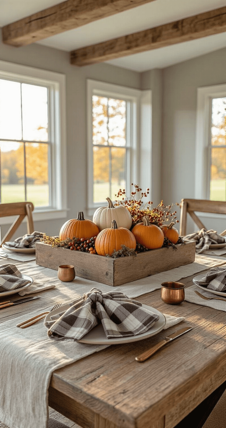 Rustic wooden dining room with modern farmhouse decor, featuring a low centerpiece of seasonal gourds and berries, turkey-shaped plaid napkins, soft gray walls, exposed wooden beams, and warm golden hour lighting.