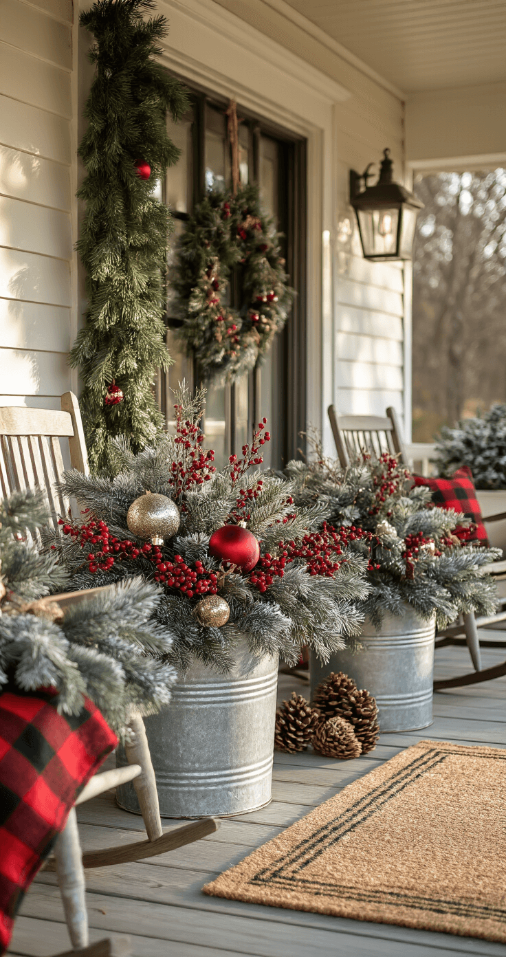 A cozy front porch adorned with layered Christmas planters featuring frosted pine, red berry clusters, and metallic ornaments, illuminated by warm afternoon sunlight. Vintage galvanized containers and plaid flannel ribbon add texture, while artificial snow dusts the arrangements. The rustic wooden boards are complemented by hanging evergreen garlands, a coordinated doormat, scattered pine cones, and weathered rocking chairs on either side, evoking a charming farmhouse holiday atmosphere.